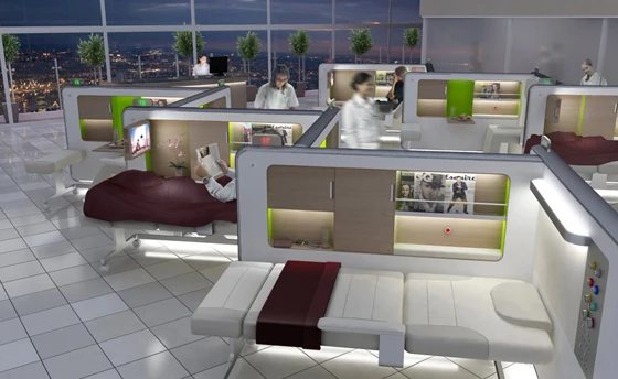 Priestmangoode's 'Recovery Lounge' concept incorporates many of the principles outlined in their 'Health Manifesto'. The layout allows privacy for the patients, while enabling a clear line of sight for the nursing staff; © Priestmangoode