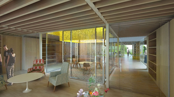 Golden metal light-catchers will reflect sunlight down into a series of courtyards contained within the building's simple, linear structure; image courtesy Reiach and Hall Architects