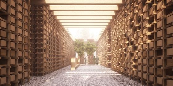 Buijsenpennock Architects' proposal for an ossuary in Orthen, Netherlands, features a mesh-like oak structure, whose walls gradually become filled in with oak boxes, containing the bones of up to 12,000 of those who have passed on