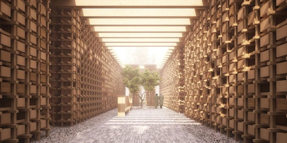 Buijsenpennock Architects' proposal for an ossuary in Orthen, Netherlands, features a mesh-like oak structure, whose walls gradually become filled in with oak boxes, containing the bones of up to 12,000 of those who have passed on