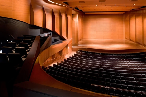 A partial 'box-in-box' construction isolates the main space from exterior noise (and the vibration from the subway). African moabi wood was used to line the auditorium throughout, giving it a completely new set of acoustic credentials; photos DSR