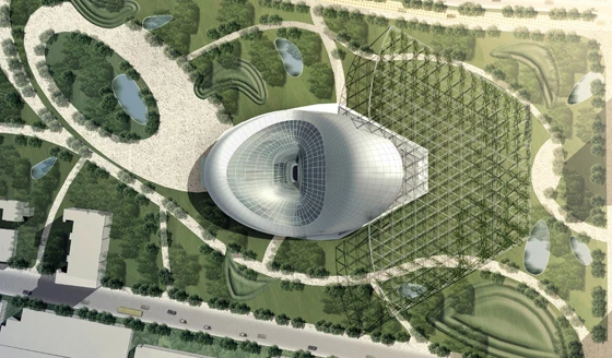 A rendering of the Shanghai Cultural Plaza from an aerial view. The entrance pavilion for the Theatre is part of landscape plan dominated by gentle curves