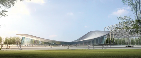 Rendering of the low slung roof of the entrance pavilion for the Shanghai Cultural Plaza Theatre, is as much a part of the landscaping as a separate structure