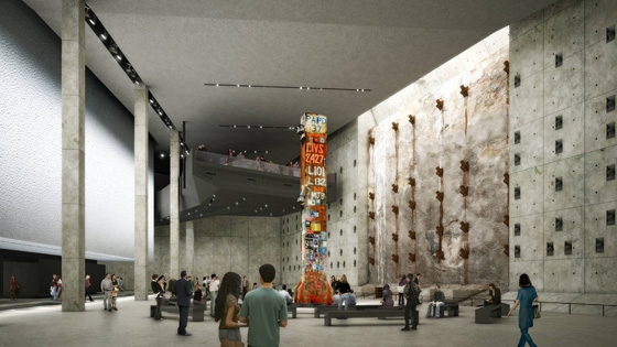 The west chamber which will house some of the largest artifacts from the twin towers, including the “last column,” removed from the site during a funereal ceremony in 2002. The slurry wall is to the right.