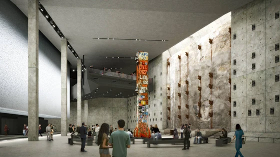 The west chamber which will house some of the largest artifacts from the twin towers, including the “last column,” removed from the site during a funereal ceremony in 2002. The slurry wall is to the right.
