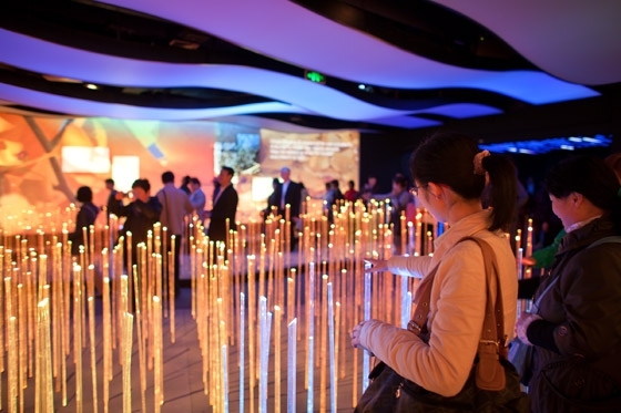 A field of motion sensitive rods provided the first opportunity for interaction inside the pavilion; photo by Basil Childers