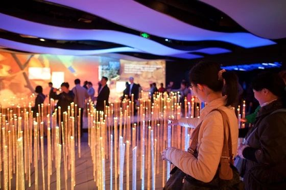 A field of motion sensitive rods provided the first opportunity for interaction inside the pavilion; photo by Basil Childers