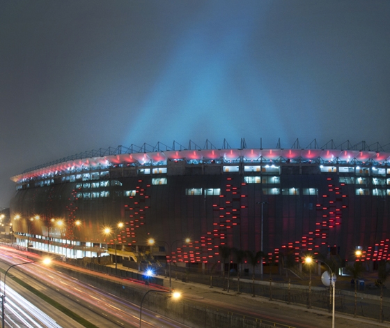 Cinimod Studio2 The patterns on the stadium’s façade vary in speed, colour, brightness and scale depending on information gathered from sensors in the stadium’s roof line; photo © Cinimod Studio Ltd