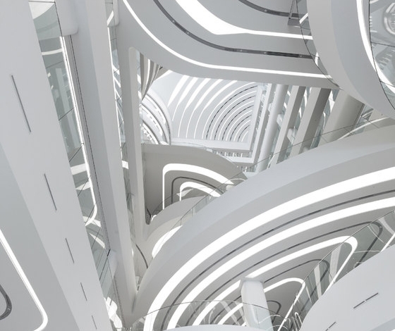 The interior layout and lighting propels visitors upwards through the overlapping levels; photo © Christian Richters