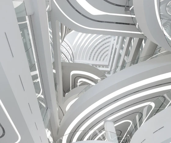 The interior layout and lighting propels visitors upwards through the overlapping levels; photo © Christian Richters