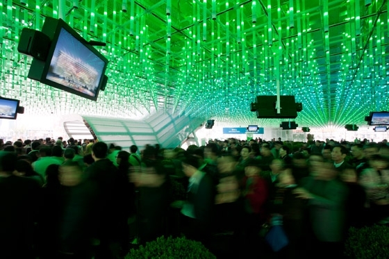An escalator transported visitors from the entrance into the heart of the structure; photo by Basil Childers