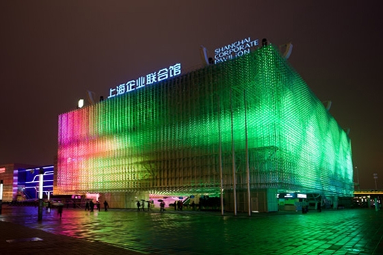 Over 65 kilometres of polycarbonate tubing filled with LEDs formed the surface of UNStudio’s Dream Cube pavilion during the Shanghai World Expo 2010; photo by Basil Childers