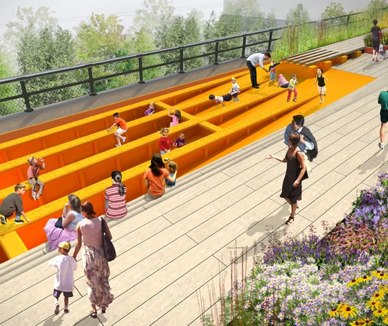 The High Line section 3 – Children's play beams James Corner Field Operations and Diller Scofidio + Renfro. 2012 Courtesy City of New York and Friends of the High Line