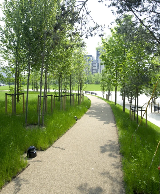Tree lined paths offer privacy and help blur the boundaries between urban and natural environments