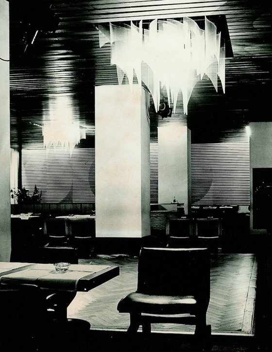 Alfa Café, Zbyněk Hřivnáč and Jan Šrámek, chandeliers by René Roubíček, Prague, 1965; image courtesy of Zbyněk Hřivnáč archive