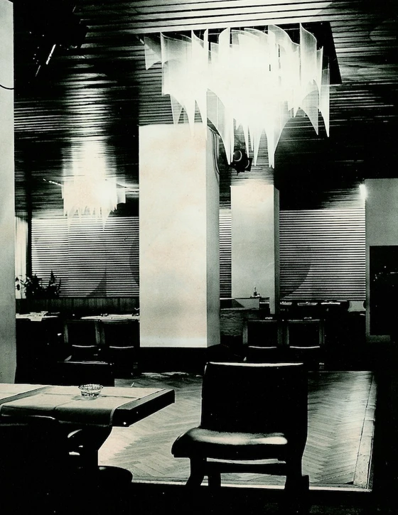 Alfa Café, Zbyněk Hřivnáč and Jan Šrámek, chandeliers by René Roubíček, Prague, 1965; image courtesy of Zbyněk Hřivnáč archive