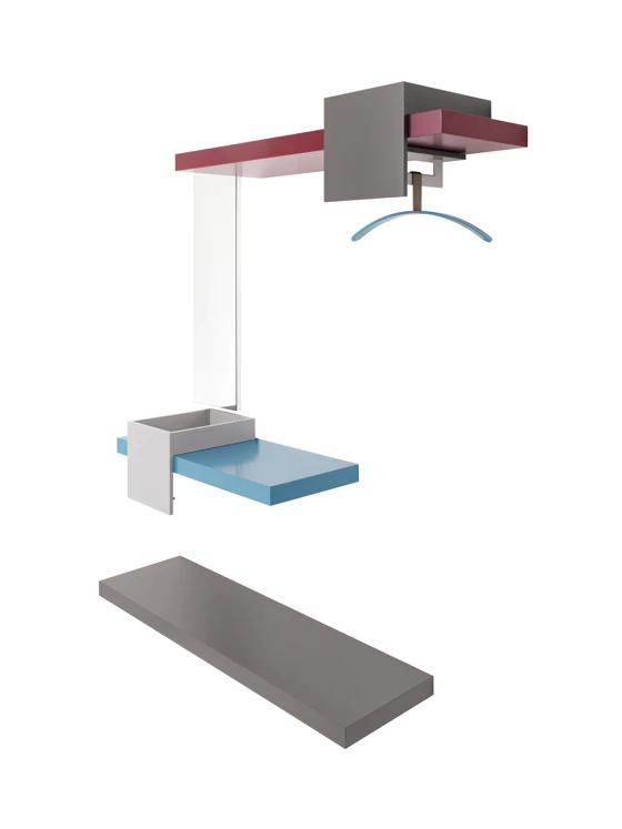 Carsten Gollnicks Produktsystem ’Board‘ für Schönbuch bedeutet Reduktion. Es erinnert an ein konstruktivistisches Gemälde. Funktionale Module können an ein bemaltes Wandregal angefügt werden und bieten Garderobenschiene und Konsole