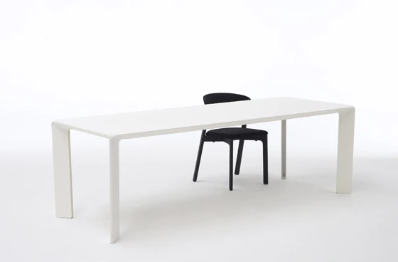 Super-slim 2 and 2.5mm powder-coated sheet steel provides the material for Jorre van Ast’s ‘Steel’ table for Dutch manufacturer Arco, lending it an industrial appearance and feel. A 2.5mm solid-wood top is available as optional finish