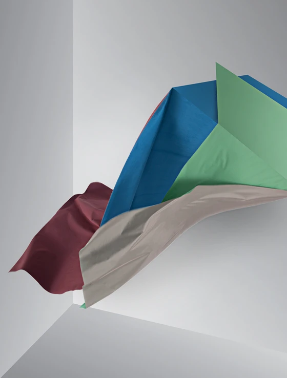 Hard geometry meets soft fabric in Isa Glinks new collection of designs, ‘Unfold’, for textile manufacturer Kinnasand, which occupy compelling ground between the two- and three-dimensional