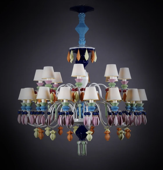 The classic chandelier is remixed by porcelain specialist <b>Lladró</b> with this new pendant light from the manufacturer’s ‘Belle de Nuit’ collection. A sharp, contemporary colour palette meets exquisite craftsmanship