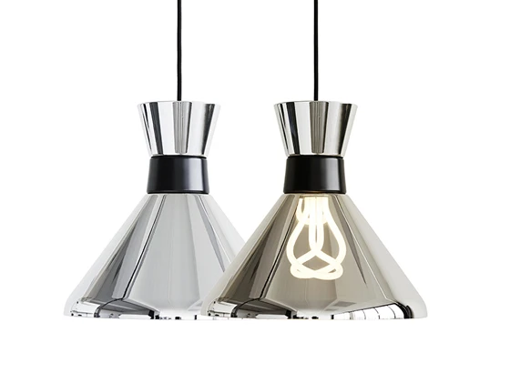 Sam Wilkinson’s award-winning ‘Plumen’ bulb receives a new home with ‘Pharoah’, designed by Hulger for <b>Light Years</b>, a glare-preventing and light-optimising pendant, whose mirror-light surface turns transparent at the flick of a switch