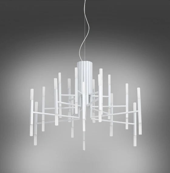 The definitively titled ‘TheLight’ pendant lamp by Cristian Cubiñá for <b>Alma Light</b> tips its hat in formal terms to Art Deco, while being thoroughly contemporary in its use of sandblasted methacrylate for its multiple shades