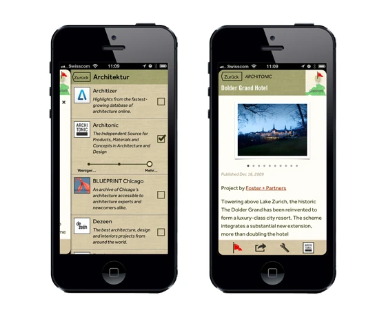 Von welchen Publishern man wie oft Empfehlungen erhalten möchte, kann individuell bestimmt werden (links). Das von Foster + Partners erweiterte Dolder Grand Hotel in Zürich ist eines der zahlreichen Projekte, die Architonic auf Field Trip vorstellt