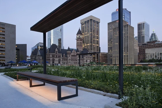 Chicago-based Hoerr Schaudt have greened Nathan Phillips Square, which faces Toronto City Hall. Its podium now has a roof garden planted with colourful sedum, while its periphery features a walkway boasting wooden benches; photo (above) Chris Evans