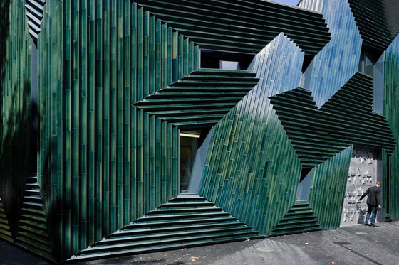 Manuel Herz’s arrestingly jagged Jewish Community Centre in Mainz, Germany is clad in glazed, bottle green ceramic tiles; photos Iwan Baan