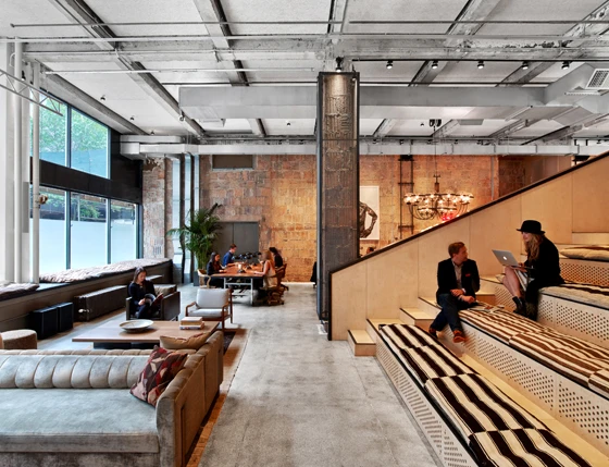 Multifunctional, auditorium-style steps in New York’s co-working space Neuehouse, designed by Rockwell Group, are used for meetings, lectures and concerts; photos Eric Laignel