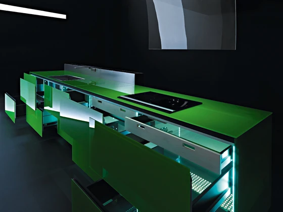 A revolution in the kitchen: Valcucine's 'Invitrum' base units are the first 100% recyclable products of their kind in glass and recycled aluminium. Carcass sides measure a mere 10mm in thickness