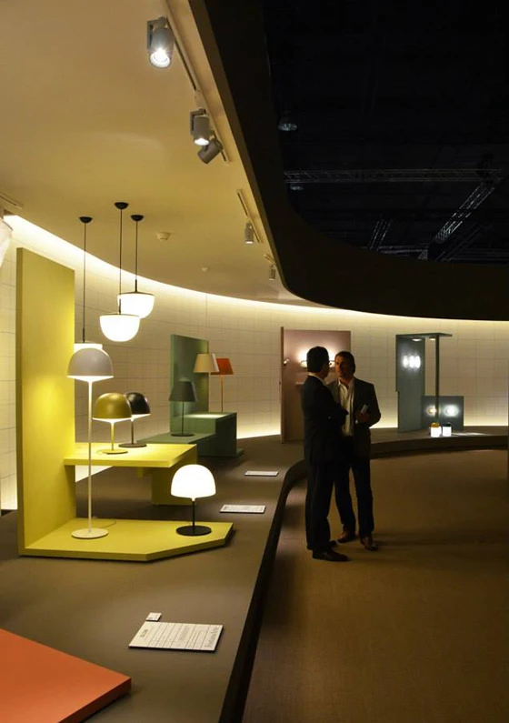 Fontana Arte use a simple graphic device - a graph-paper-like grid - applied to the walls of its stand at Light+Building in Frankfurt to underscore the appropriateness of its products for specification in projects