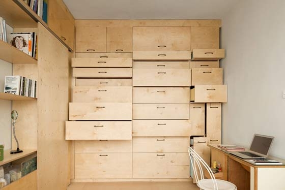 Israeli architect Raanan Stern's modular live-work space, with two desks, 36 drawers, modular storage compartments and a folding bed