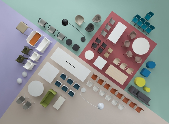 The archly graphic design language of Pedrali's collection, with its confident, yet friendly, forms – ideal for contract settings. Art Direction: Leftloft; photos: Beppe Brancato