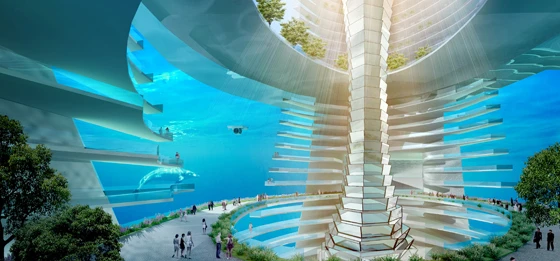 AT Design Office’s ultra-futuristic concept for a Floating City, an energy-efficient, sustainable metropolis on a 10-sq-km island dreamt up as an alternative to destroying the earth’s countryside