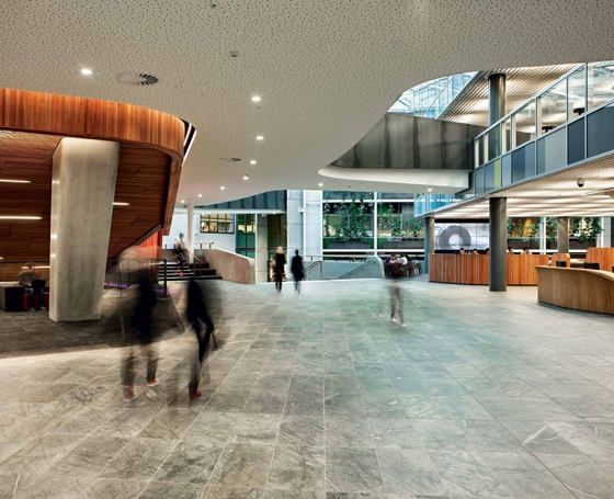 The main thoroughfare at level three links an existing northern plaza with the new Governor Fitzroy Plaza