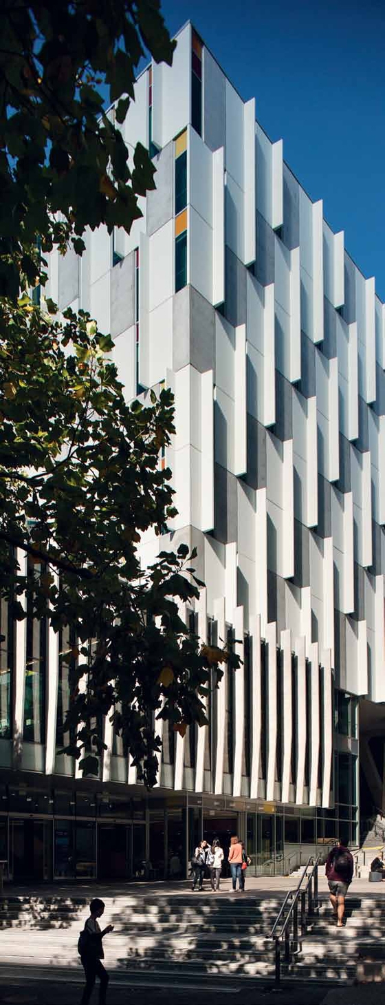 The city elevation of the Sir Paul Reeves Building is layered to create a welcoming gesture onto the campus