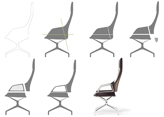 In the course of the design process Jehs+Laub deconstructed the conventional office chair, cutting through the seat shell along its horizontal and vertical axes and then reassembling it