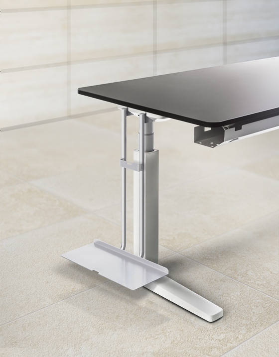 Holders for printers or computers can be suspended from the connecting elements, either beneath the work surface or off to the side, with a maximum of two per table