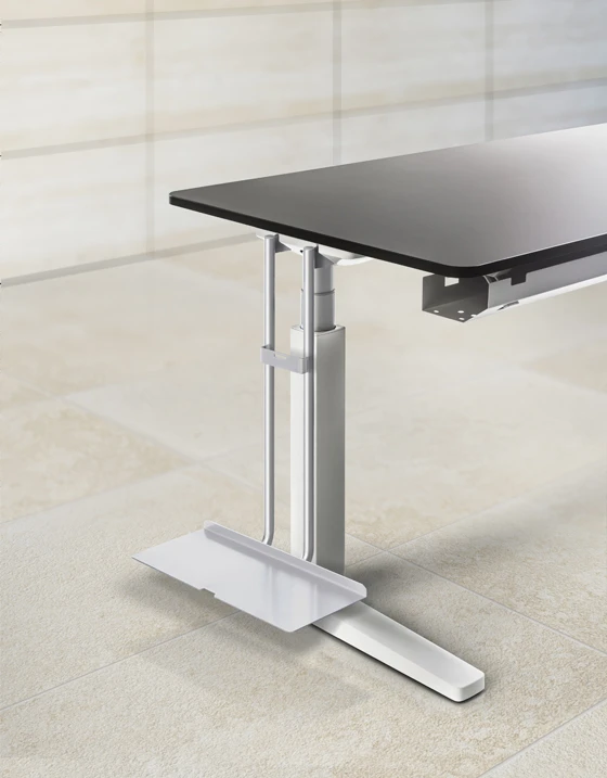 Holders for printers or computers can be suspended from the connecting elements, either beneath the work surface or off to the side, with a maximum of two per table