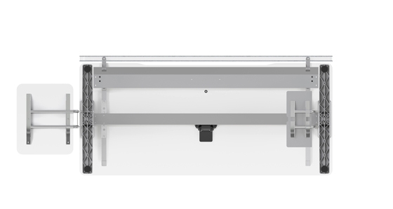 Bottom view with sliding tabletop locking assembly, equipment racks to the side and, beneath the table, cable tray and privacy screen. The primary stabilising structure includes the table legs, the longitudinal beam, and two tabletop mounting rails