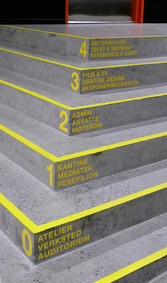Wayfinding Westerdals by Marius Holtmon. Lively floor signage integrated into the industrial surroundings of Westerdals, a leading communication school in Norway