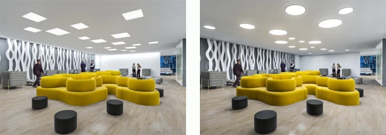 Flächig und zugleich punktgenau strahlen die Leuchten in den Raum. Die indirekte Beleuchtung der Rückwand setzt Akzente (rechts). Ähnliche Lichtwirkung, jedoch mit höherer Grundbeleuchtung und ohne Hervorhebung der Wände (rechts)
