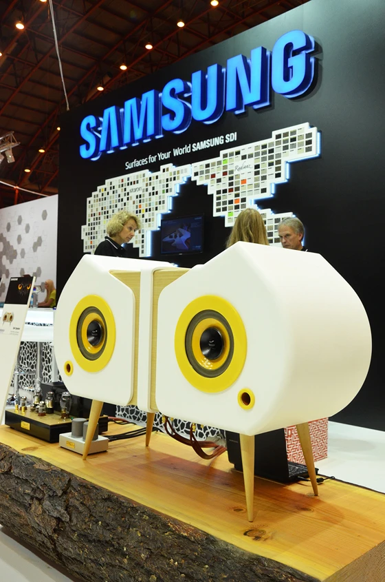 Lotte Chemical's solid-surface material STARON® was used to create a series of nature-inspired objects for this year's 100% Design, including the Owl Speaker shown here