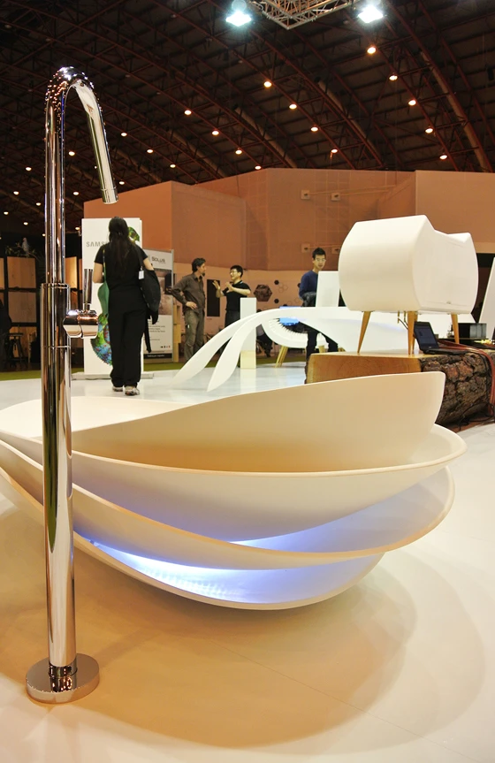 Lighting integrated into the base of the Armadillo Bathtub, which was named 'Design In Brand' by Media 10, illuminated the layered formation of seemingly delicate moulded surfaces