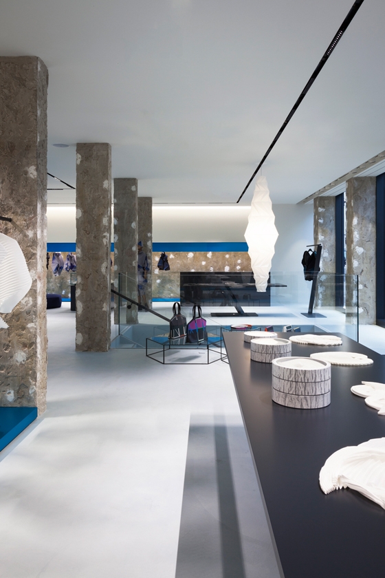 The lower floor of Issey Miyake’s new London flagship store, designed by Tokujin Yoshioka. As evidenced by the store’s raw concrete surfaces, Yoshioka prefers to eschew a traditionally luxurious aesthetic