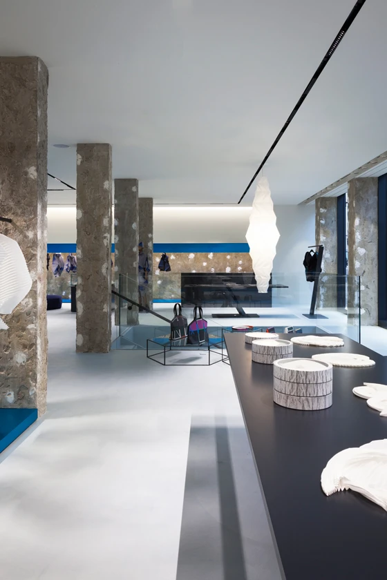 The lower floor of Issey Miyake’s new London flagship store, designed by Tokujin Yoshioka. As evidenced by the store’s raw concrete surfaces, Yoshioka prefers to eschew a traditionally luxurious aesthetic