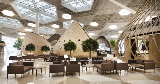 General overview of Baku’s international airport, lounge area where gigantic ergonomic pods shelter unique spaces and functions. Photo: Kerem Sanliman