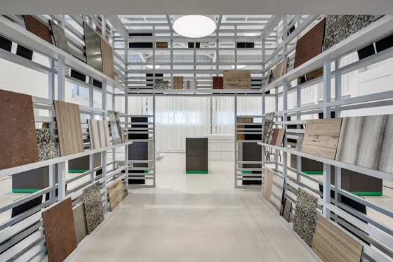 Inside and out: the 4m-high, grid-like structure at the heart of punkt6 acts as a playful and inspiring counterpoint to the fixed, spot-lit materials presentations usually found in traditional showrooms