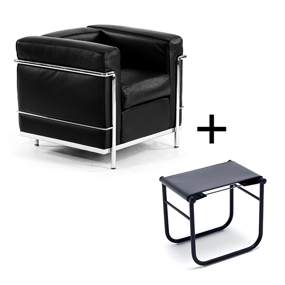 Classics that complement each other perfectly: those who opt for an LC2 with leather upholstery will receive an LC9 stool worth up to €640 free of charge from designfunktion – in either a matching finish or with a contrasting mix of materials